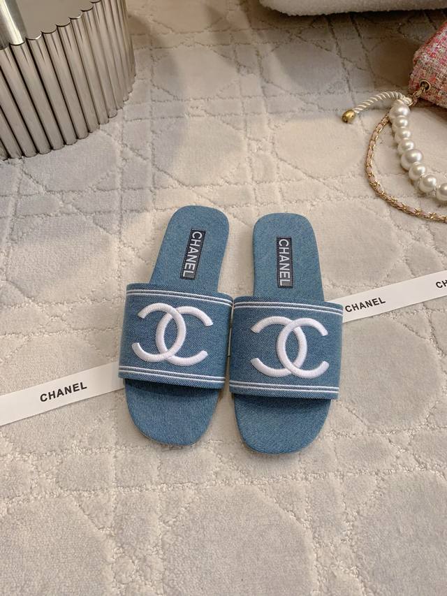Factory Price P Chanel New Arrival Denim Flat Sandals Classic Vacation Style Dou