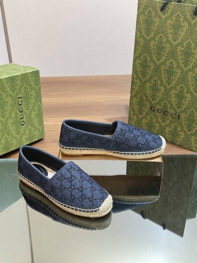 G New Denim Jeans Gg Crystal Straw-Woven Rope Sole Fisherman Shoes, High Version