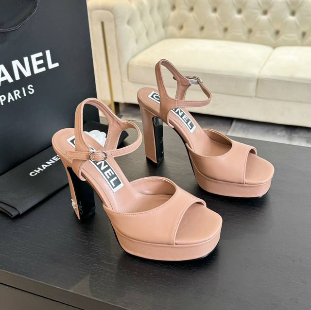 Leather Upper Chanel 2025 Summer High-Heel Waterproof Platform Sandals, Blending