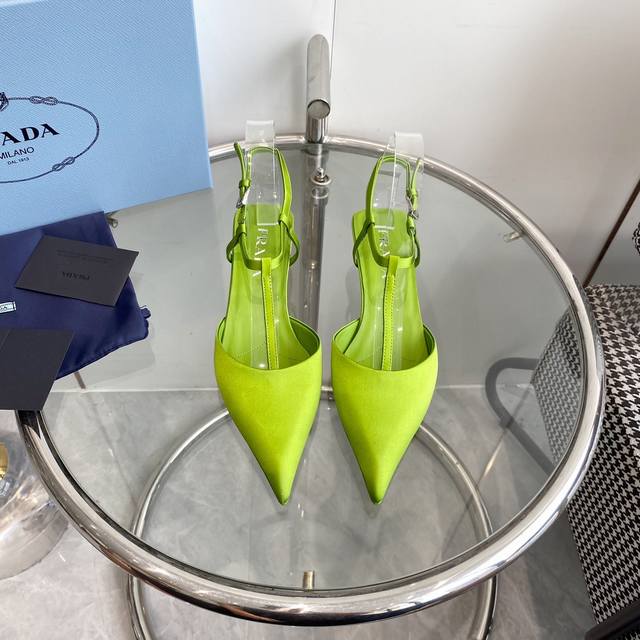 Premium Quality Prada New Triangle Logo Triangle Heel Pointed Toe Open-Back Sand