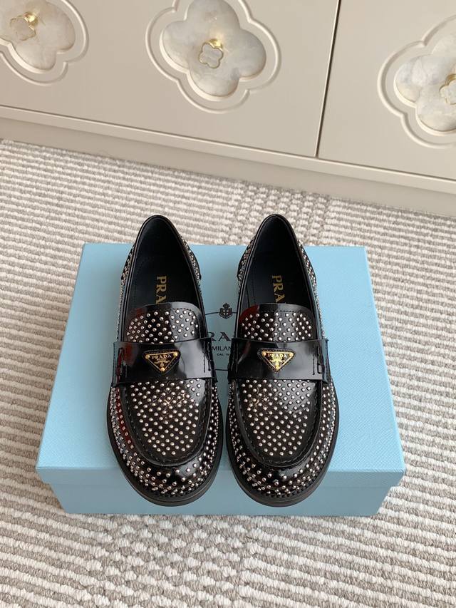 Prada 25Ss Prada Runway-Inspired Studded Triangle Logo Loafers. Premium Quality.