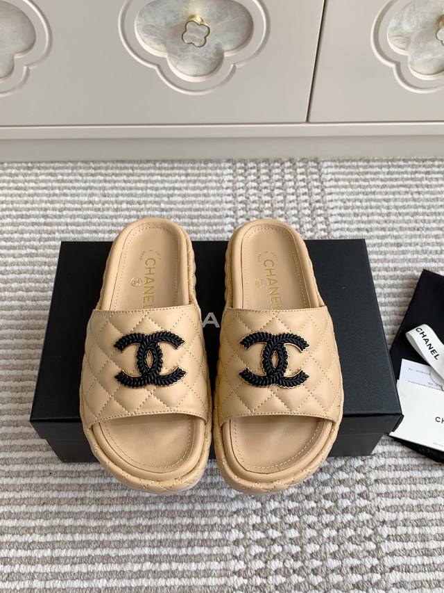 Chanel* Little Black 25 New Arrival Cc Diamond Stitching Thick-Soled Slippers Fi