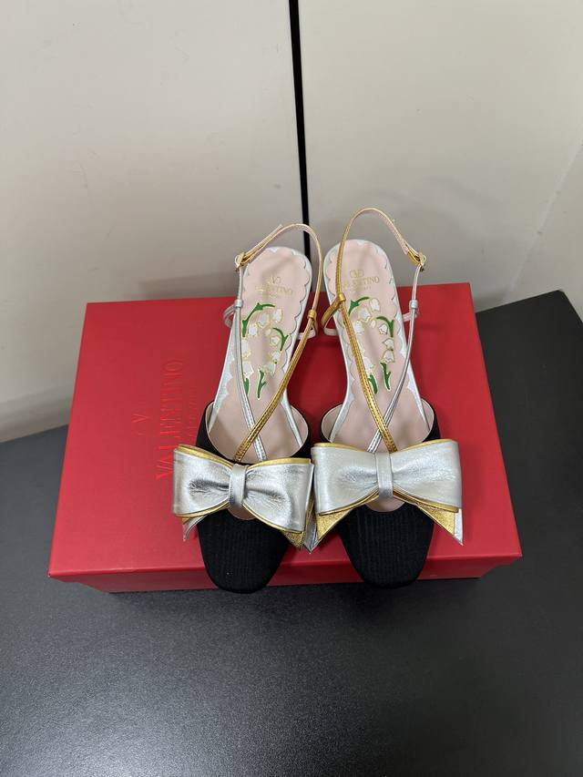 Valentino 2025 New Arrival Bow-Knot Mid-Heel Open-Back Sandals Retro Elegance, L