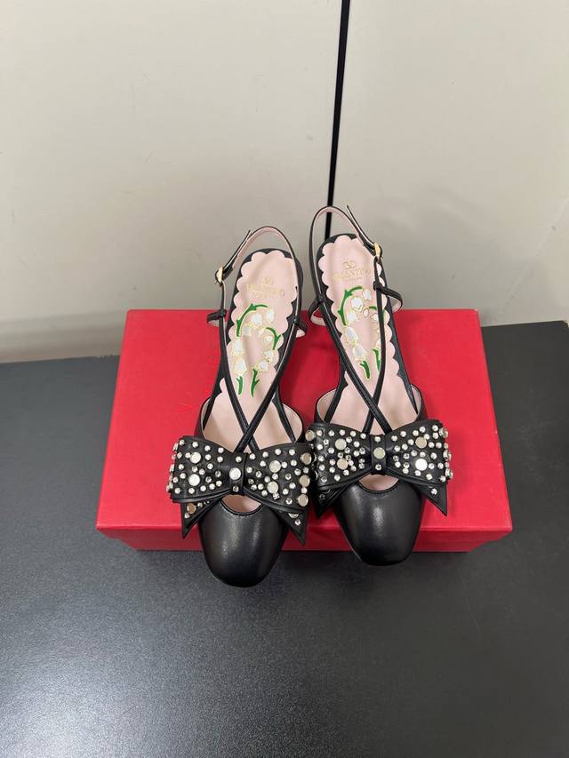 Valentino 2025 New Crystal Bow Mid-Heel Open-Back Sandals Retro Elegance, Large