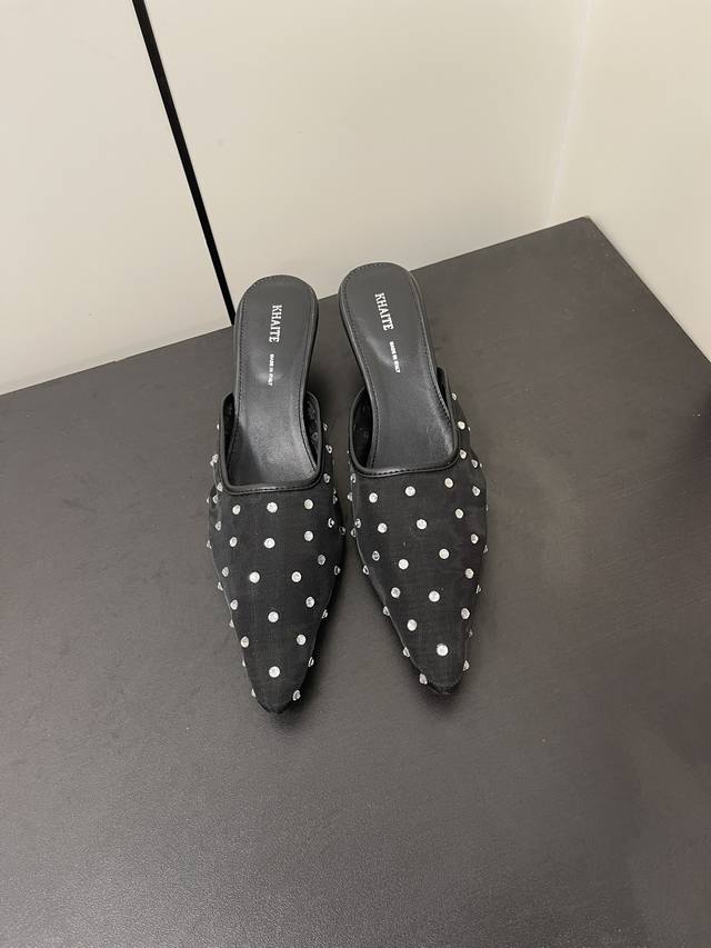 Khaite 24 Ss Mesh Lace-Up Pointed-Toe Low-Heel Slippers Fashionable Kitten-Heel