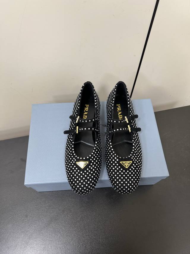 Double-Strap Diamond-Embellished Prada 25Ss Fall/Winter New Arrival Mary Jane Fl
