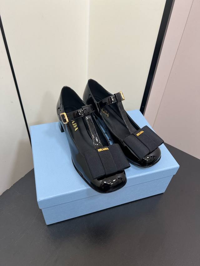 Prada Prada 2025 Spring New Arrival Chunky Heel Single-Strap Round-Toe Bow Mary