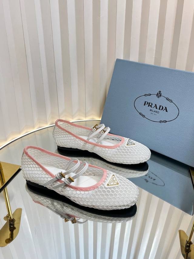 Prada 25Ss Prada Early Spring New Arrival Mesh Mary Jane Flats Ballet Shoes Supe