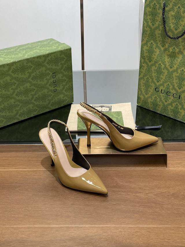 G New Gucci Letter Buckle L O G O Chain High-Heeled Sandals With Kitten Heels Fa