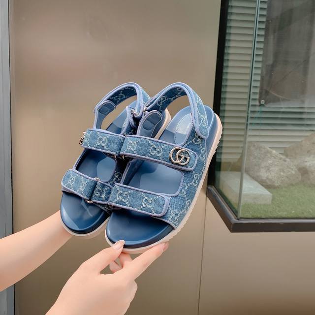 Gg Sandals, Light Blue Gg Denim Fabric Meticulously Crafted, Showcasing Unique C