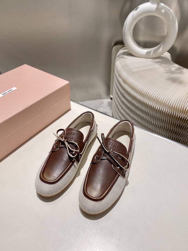 Factory-Made Miu Miu 2025 Distressed-Dyed Lace-Up Flat Loafers. Runway New Style