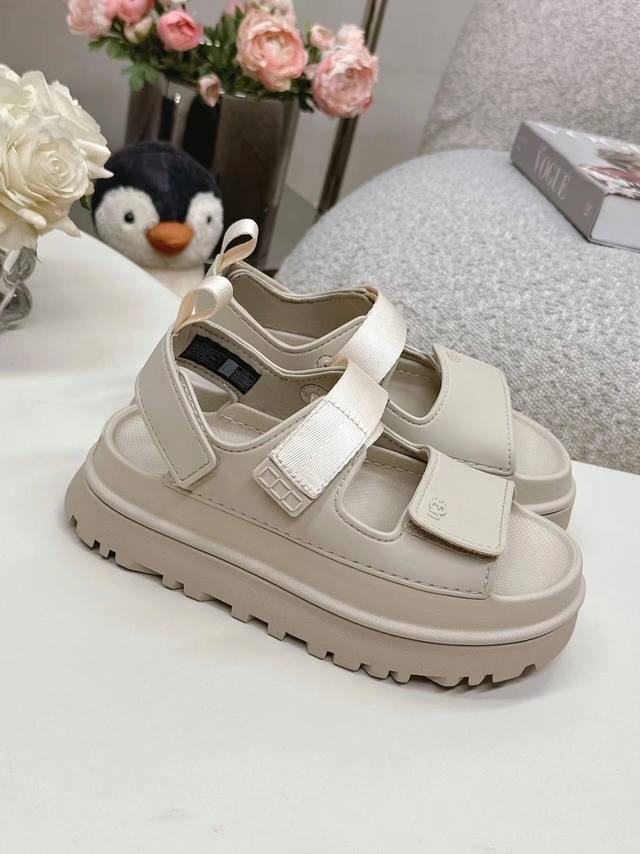 Ugg Thick-Soled Velcro Sandals In A Dazzling Gold Dopamine Color Scheme, With A