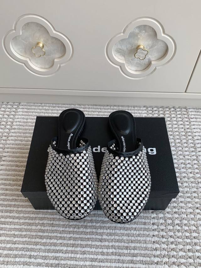 Premium-Quality Alexander Wang 25Ss Studded Diamond-Face Mesh-Upper Mule-Toe Sli