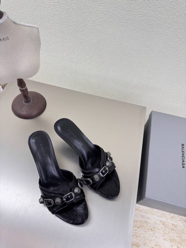 Balenciaga Exclusive Mid-Heel Studded Slippers Black Fabric: Butter Leather, Ult