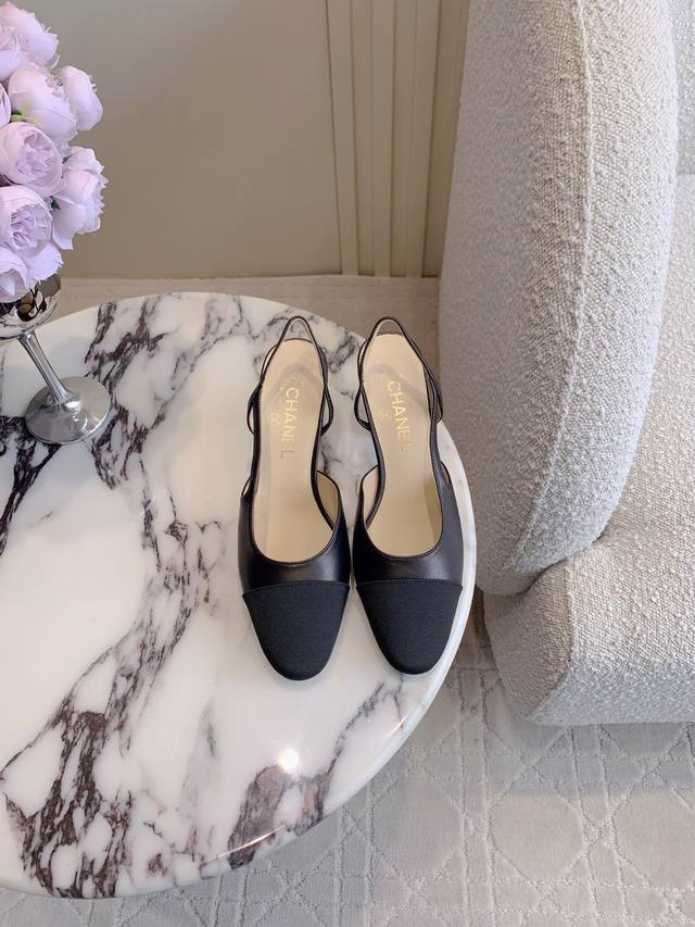 Factory Price P Chane* Classic Sling Back Chunky Heel Shoes Classic, Simple, And