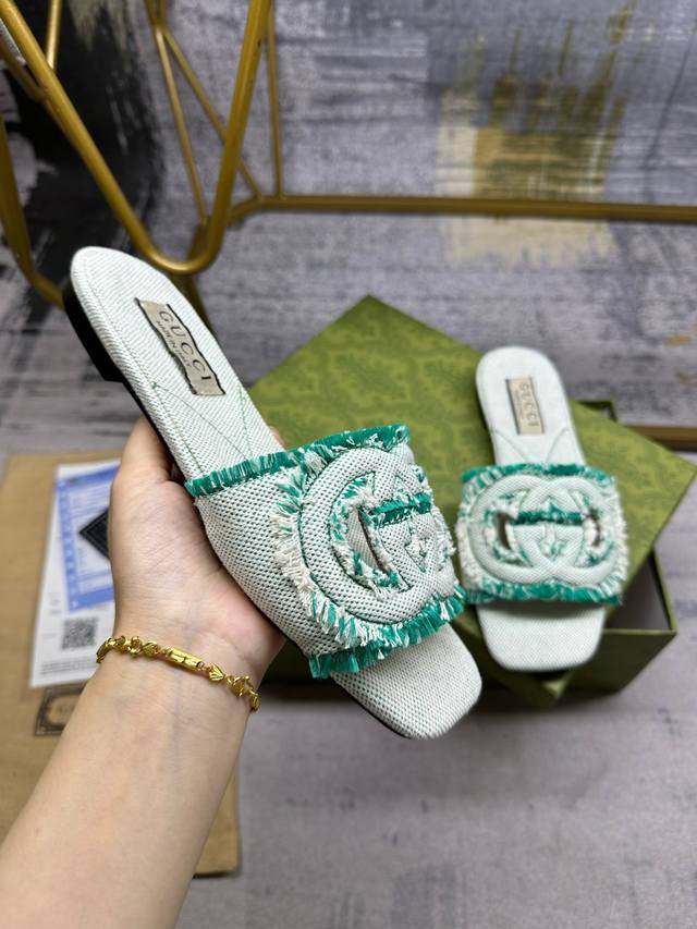 Gucci Latest Best-Selling Slippers, Beige And Green Woven Fabric, Adorned With H