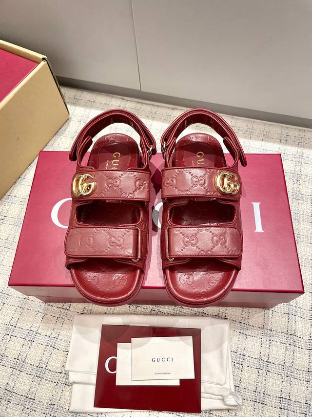 Gucci Gucci Magic Strap Double G Gold Buckle Beach Sandals Gg Embossed Leather C