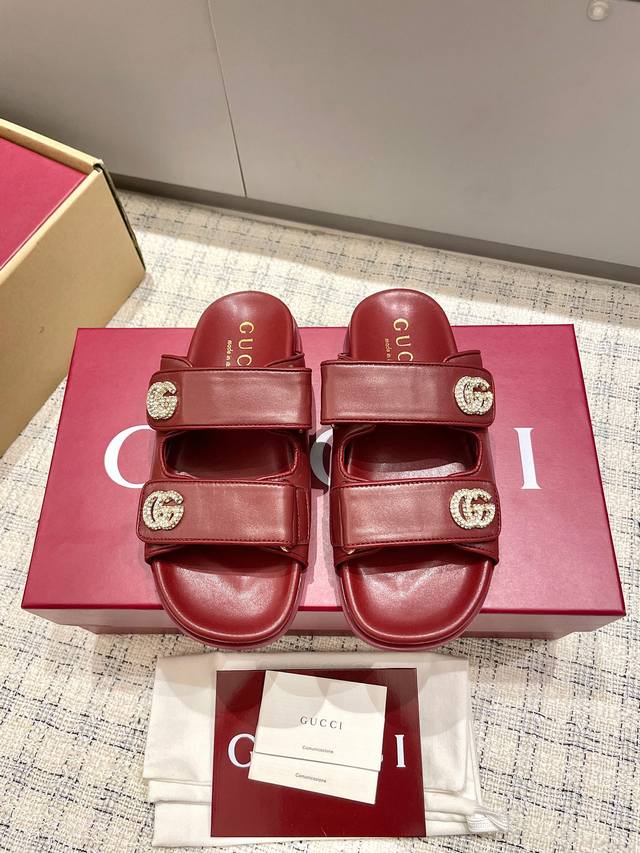 Gucci Gucci Magic Strap Double G Gold Buckle Beach Slippers Gg Embossed Leather