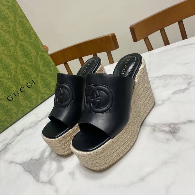 Black Gucci Summer Sloped Heel Sandals, Stylish And Fashionable, Comfortable And