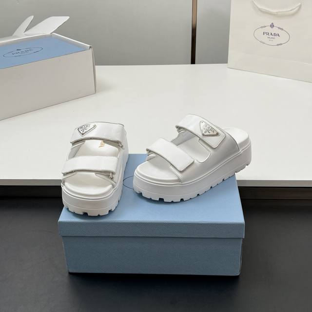 Featured Style High Quality! Prada Thick-Soled Velcro Sandals Half-Slip-On Thick