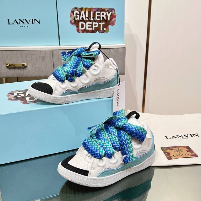 Top-Tier Version White Blue Lanvin Couple's Edition Curb Sports Shoes With Patch