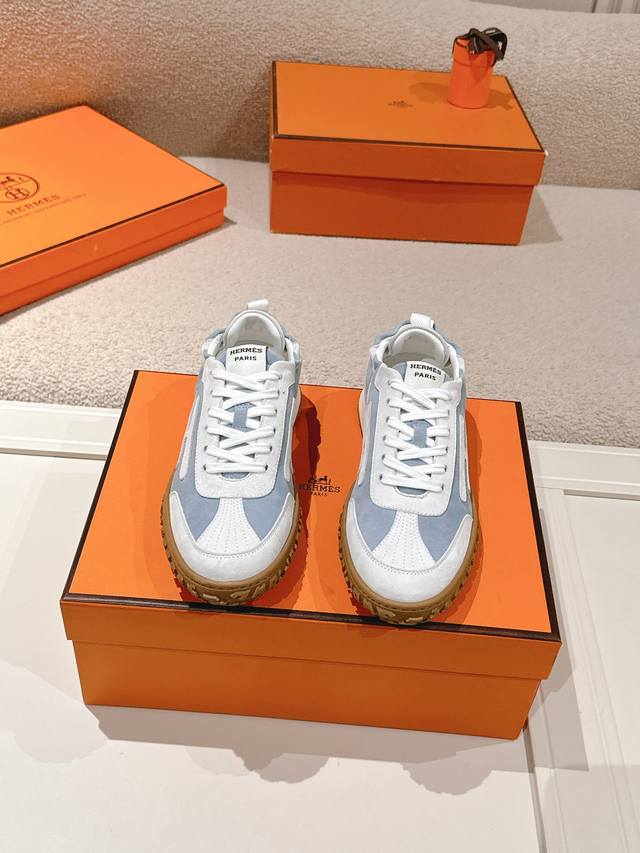Hermes Top-Tier Version# 24Ss Casual Sneakers Made Of Suede Goat Leather With Co