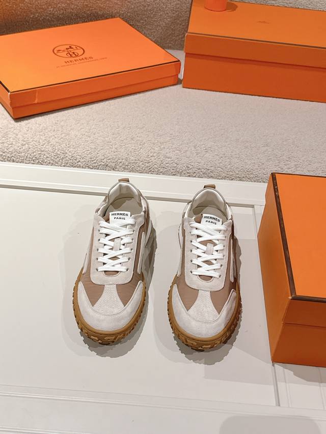 Hermes Top Version# 24Ss Casual Sneakers Suede Goat Leather Sneakers With Contra