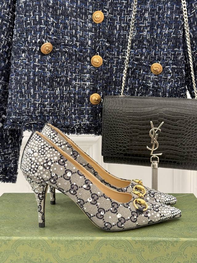 Factory Price Single Shoes Gucci Classic Horsebit Pointed Toe Rhinestone High-He