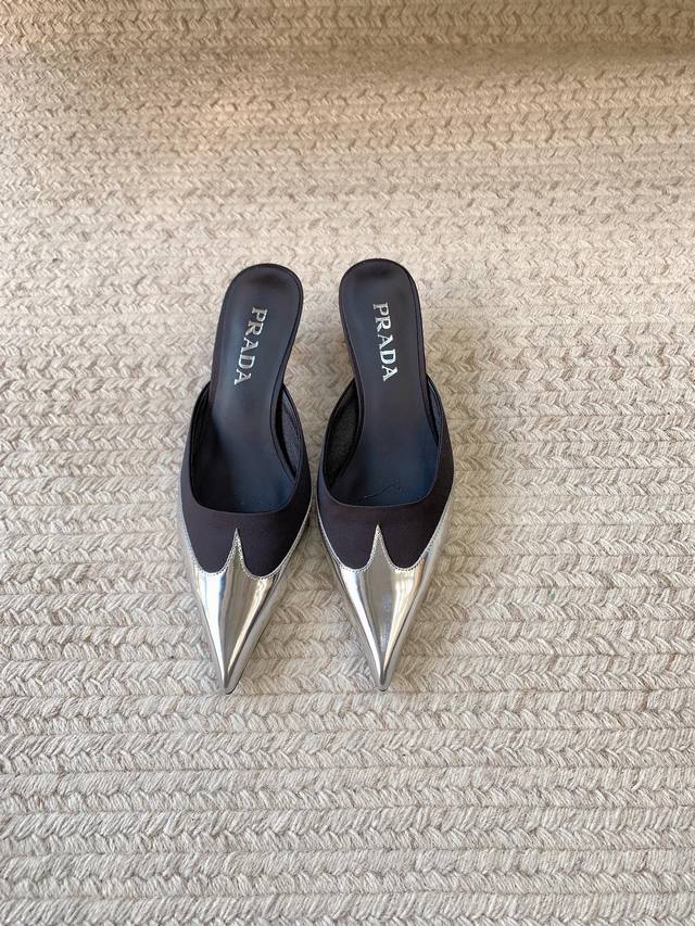 Prad*Ss25 New Pointed-Toe Color-Blocked Slippers Authentic Last, Top-Quality Mat