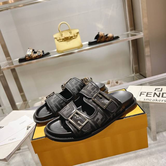 Feel Double-Strap Flat Sandals With Ff Baguette Decorative Buckle. Jacquard Fabr