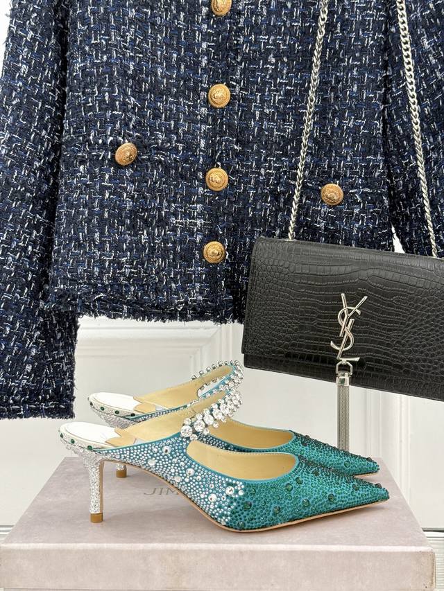 Factory Price Jimmy Choo Classic Diamond Chain Pointed-Toe High-Heel Slippers Cr