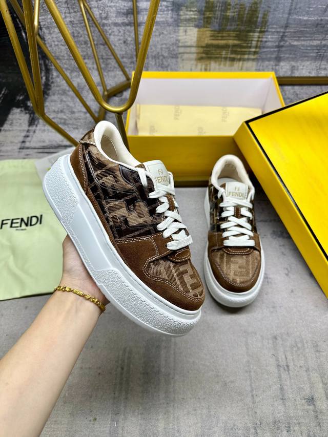 Fendi Match Lace-Up Sneakers, Khaki Ff Jacquard Fabric With Matching Suede Detai