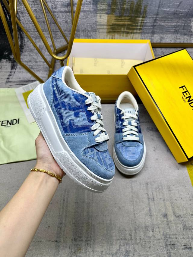Fendi Match Lace-Up Sneakers, Blue Ff Jacquard Fabric With Matching Suede Detail