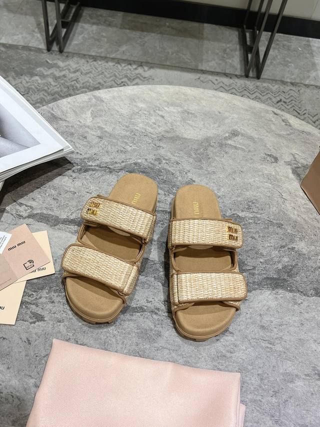 Miumiu Miu Miu Spring/Summer Straw-Woven Sandals Miu Miu Flat Minimalist Logo Sa