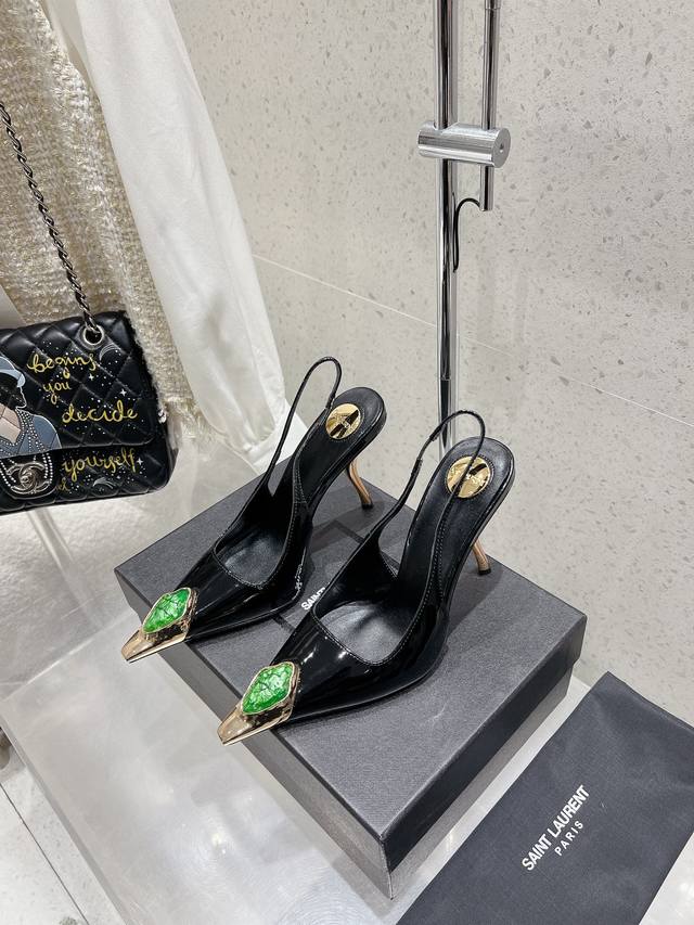 Saint Laurent*Ysl New Gem-Embellished Square-Toe High-Heel Sandals Authentic Las