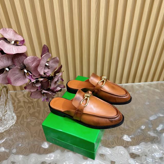 Top-Tier Version Bv Loafer Single Shoe Half-Slip Series Brushed Brown Metal Twis