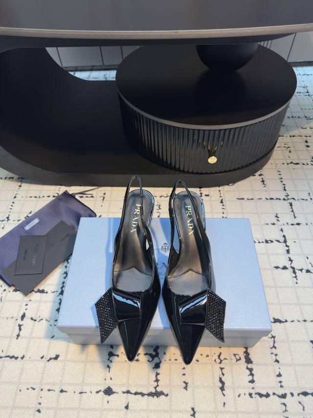 Prada 25S Spring/Summer New Arrival Crystal-Studded Bow-Knot High-Heel Open-Back