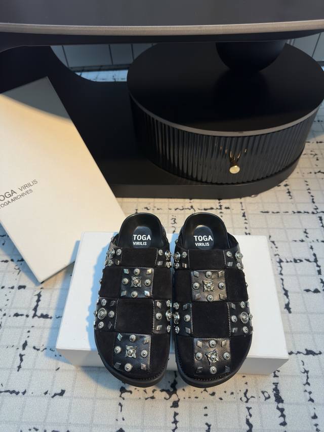 Toga Virilis Studded Velvet Leather Toe Buckle Sandal Toga Virilis Studded Mule