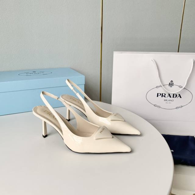 Prada 2023 New Gold Triangle Logo High-Heel Sandals Pointed-Toe Wine Glass Heel