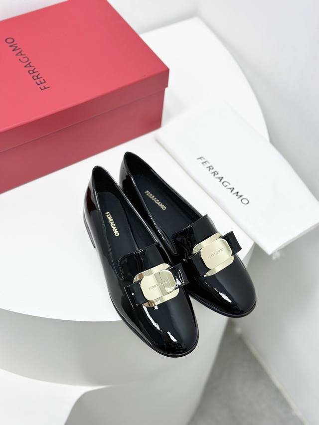 Ferragamo New Edition Vara Bow Soft Lacquer Leather Loafers The Material Is Extr
