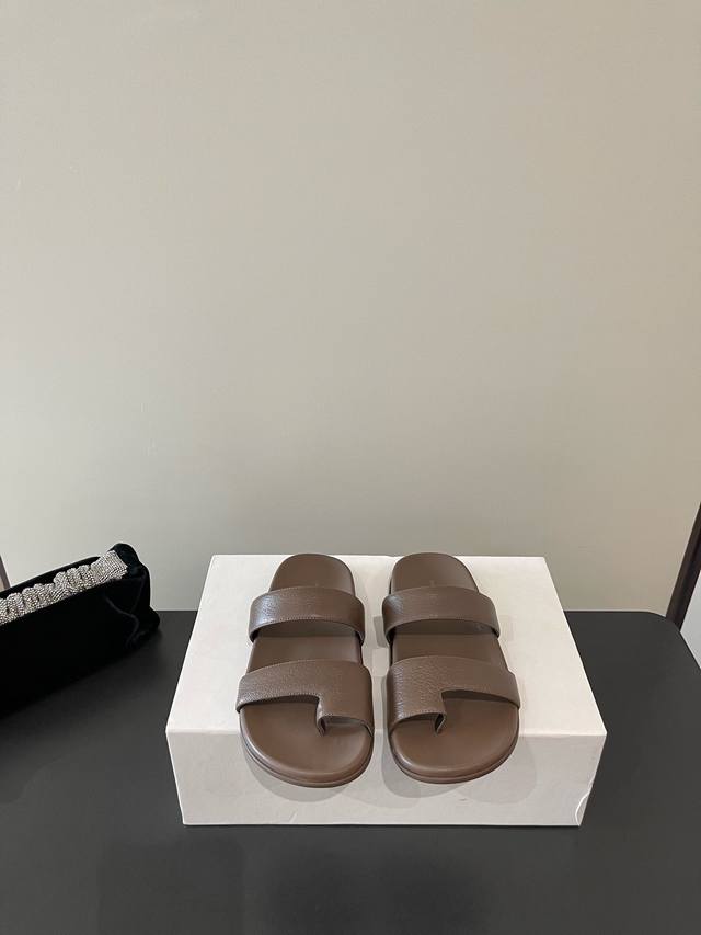 The Row Latest Two-Strap Sandal With Lychee-Textured Cowhide Leather, Minimalist