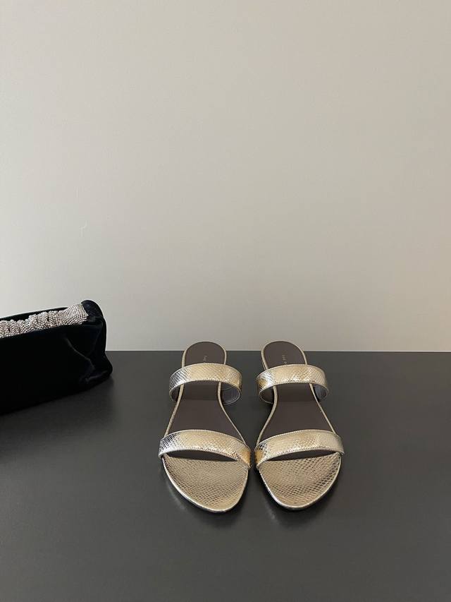The Row's Latest Small Heel Snake-Skin Pattern Two-Strap Minimalist Fashionable