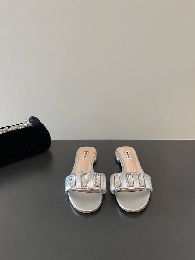 Miumiu Miu Miu Latest Czech Austrian Crystal Pleated Strappy Flat Sandals Fully