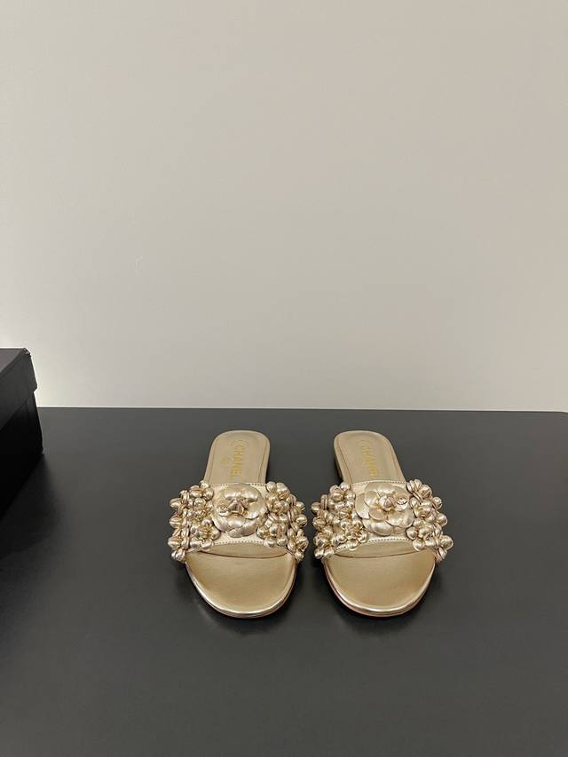 Chanel's Latest Small Camellia Flower Patchwork Flat Sandals. Made With Imported