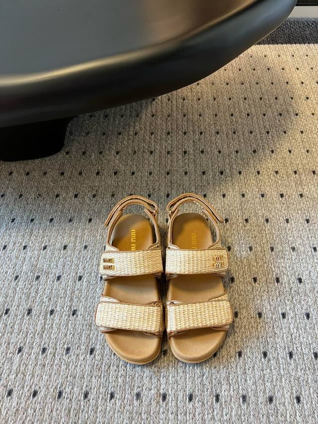 Miu Mi* 25 Two-Strap Raffia-Woven Sandals Miumi* Spring/Summer New Flat Lambskin