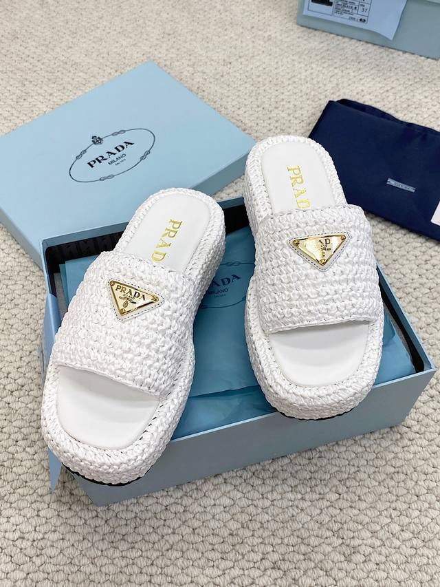 Prada Raffia Woven Sandals Ultra-Popular Latest Spring/Summer Sawtooth Roman-Wov