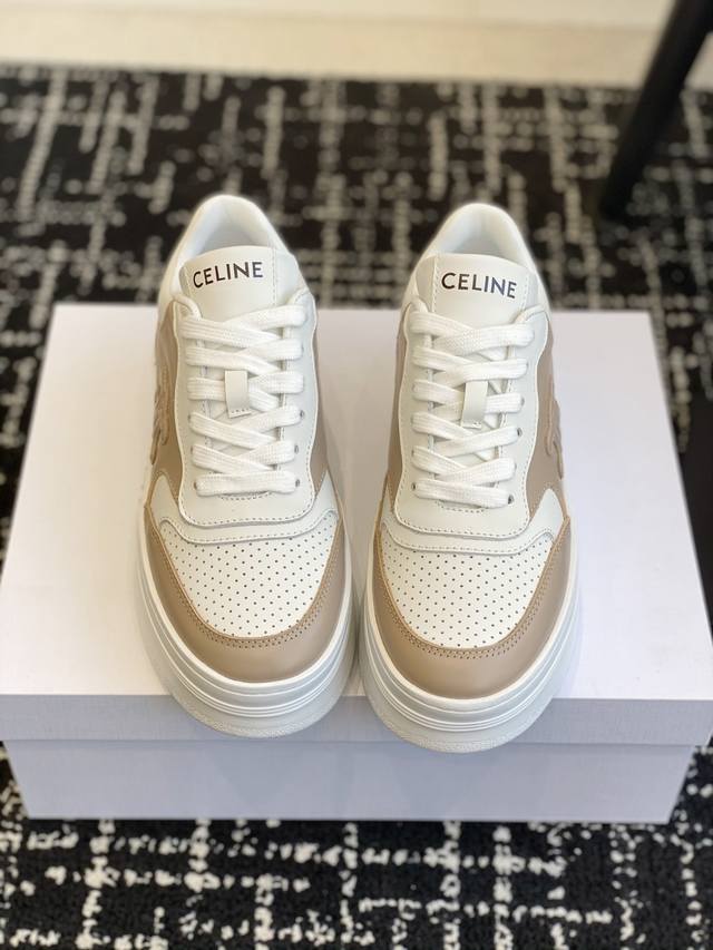 Premium-Grade Celine Thick-Soled White Sneakers With Celine Logo Embossed On The