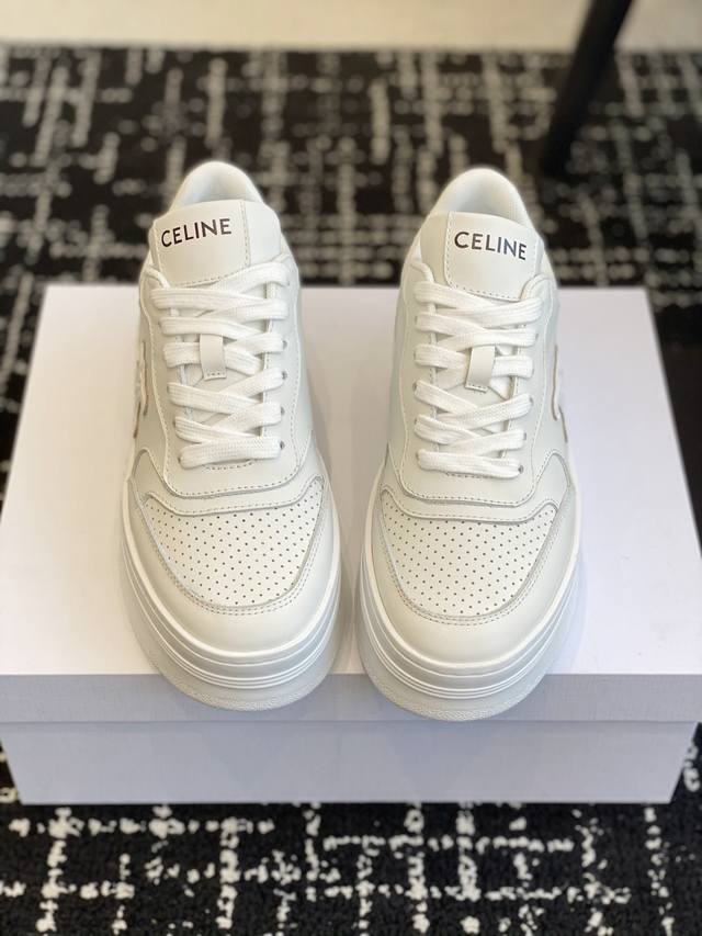 Premium Quality Celine Thick-Soled White Sneakers With Celine Logo Embossed On T