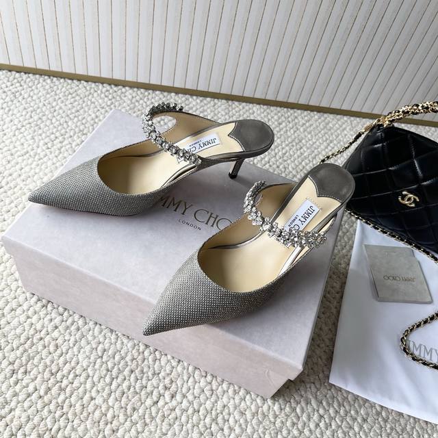 Imported Version Jimmy Choo Zhou Yangjie Jc New Crystal Stud High-Heel Mule Sand