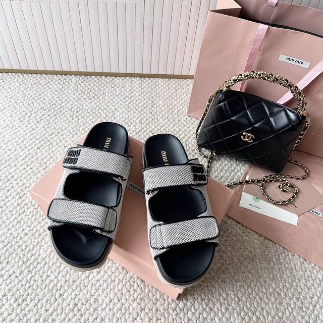 Miu'miu Miu Miu 2025 Latest Model Miu House Magic Tape Canvas Beach Sandals Stan